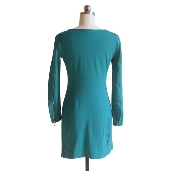SOLD theory emerald green mini dress S stretch jersey long gold - Picture 3 of 8